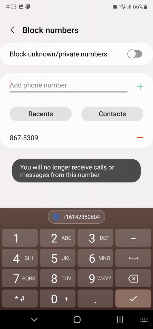 Bloquear número usando la aplicación Samsung Phone 3