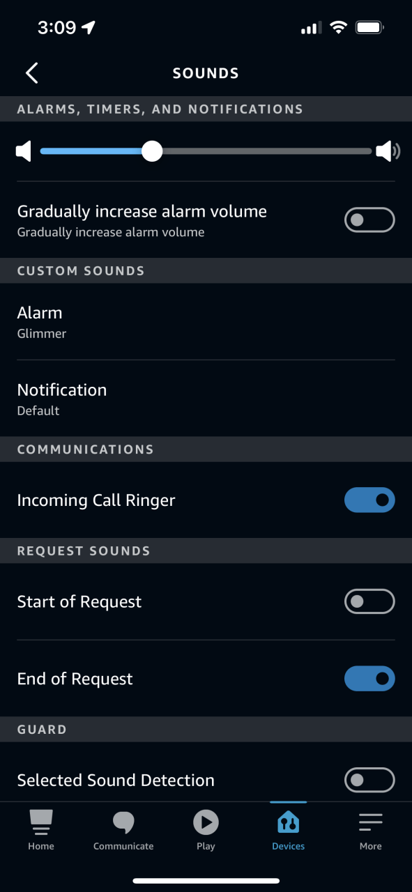 Configuración de sonido del dispositivo en la aplicación Alexa
