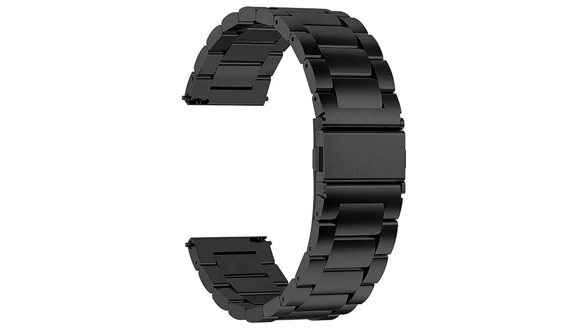 Imagen de producto de la correa Fullmosa en negro, nuestra elección para la mejor correa de reemplazo de acero inoxidable Samsung Galaxy Watch 4 Classic
