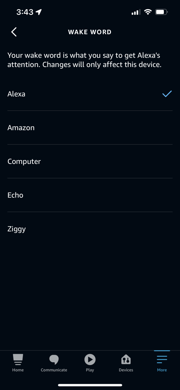 Despertar palabras en la aplicación Amazon Alexa