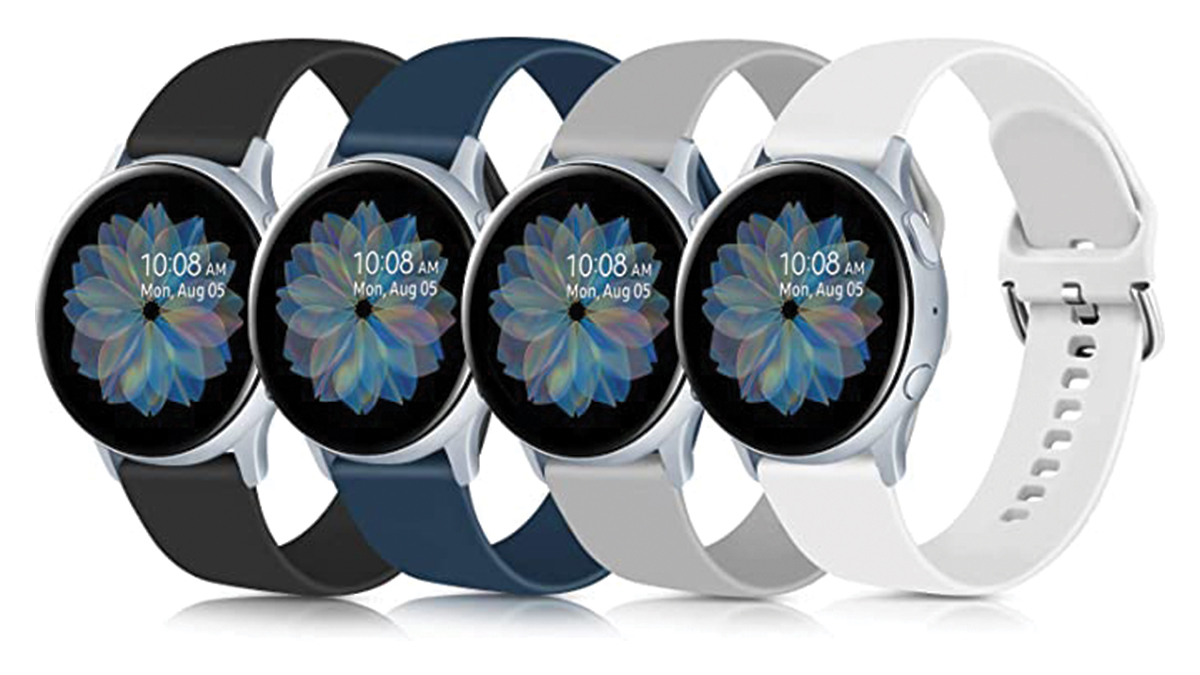 Imagen del producto del paquete de 4 bandas de silicona suave de Meliya en negro, azul, gris y blanco
