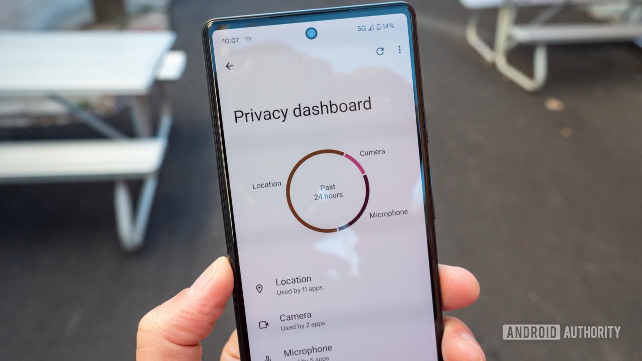 El Google Pixel 6 en la mano mostrando el panel de privacidad