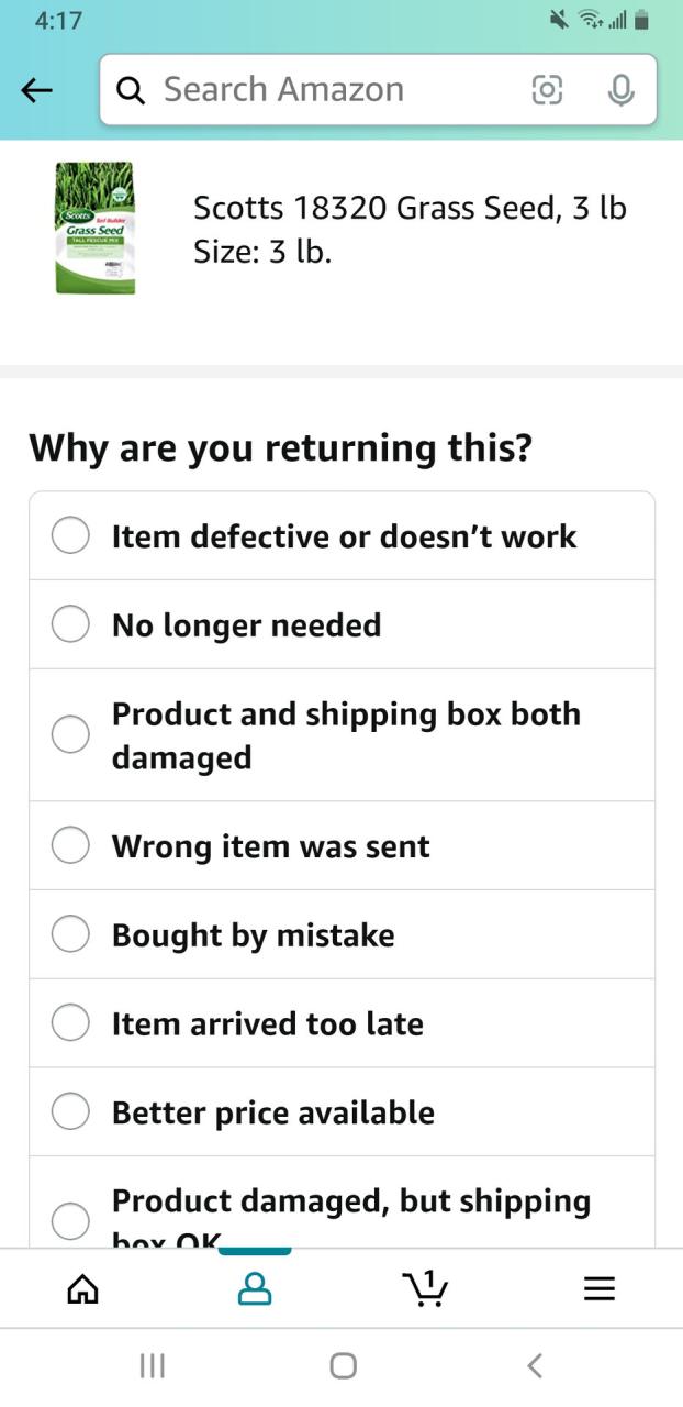Motivo de devolución de la aplicación Amazon Returns