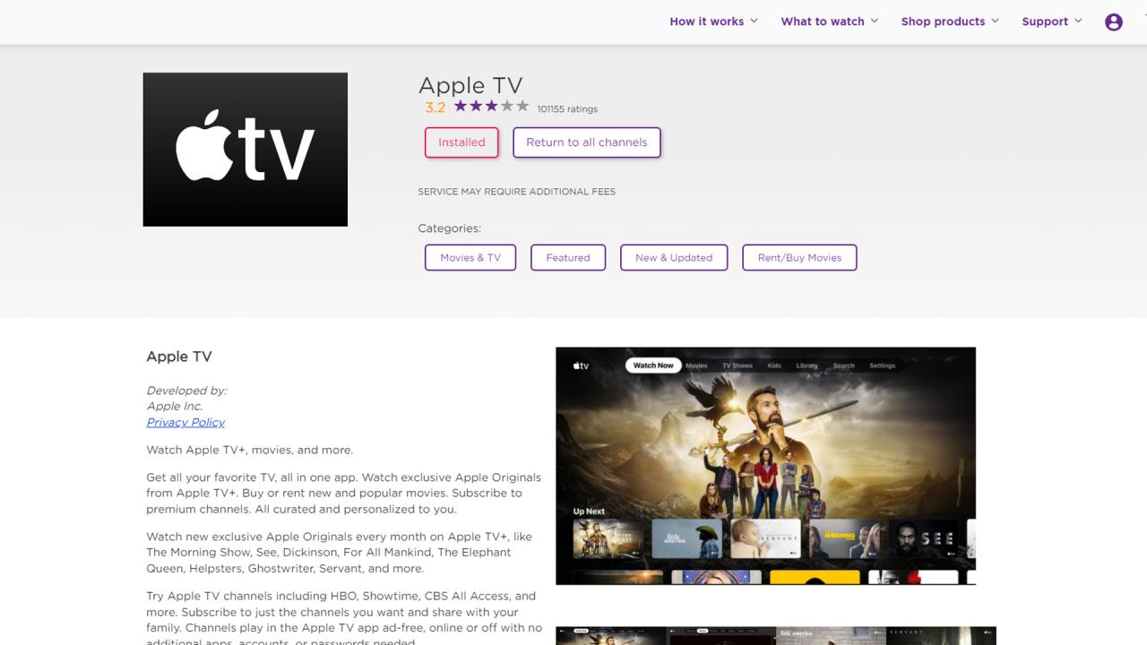 La aplicación Apple TV en Roku Channel Store