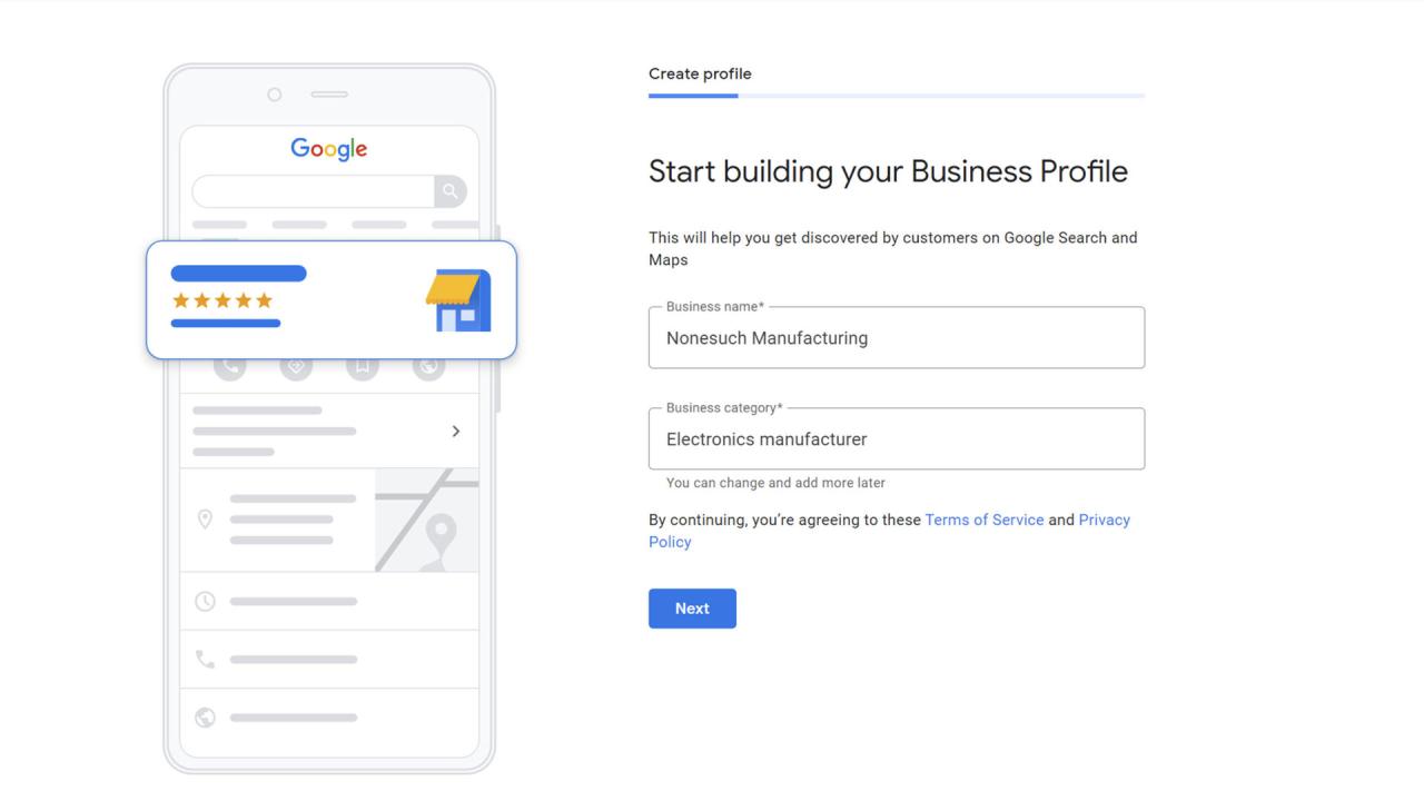 Página de creación de perfil de Google Business
