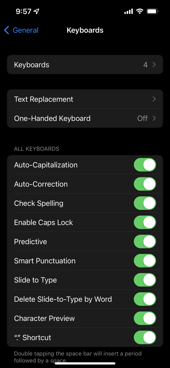 Opciones de teclado en la aplicación de configuración de iOS 15