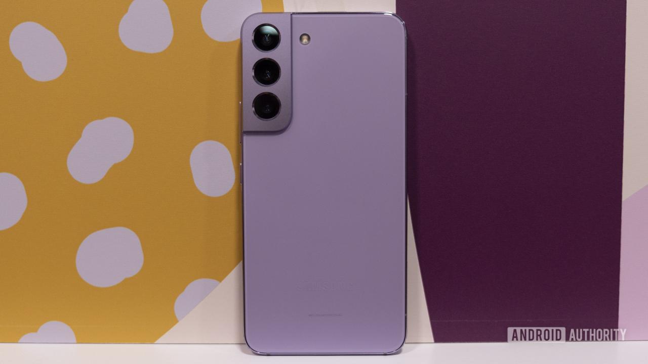 Samsung Galaxy S22 Bora Púrpura apoyada contra la pared colorida