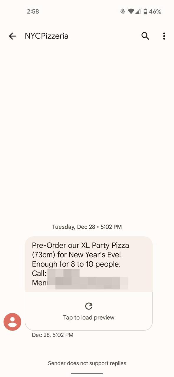 Mensajes de Google mostrando un chat de una pizzería en letra normal.